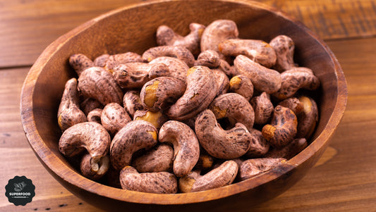 Extra large dry roasted salted cashew nuts with the skin on in a bowl - Superfood Warehouse